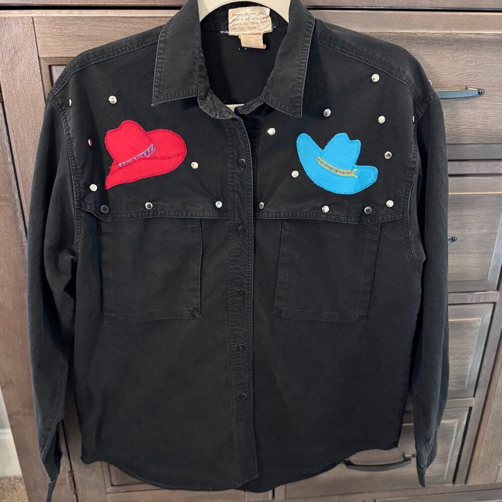 Vintage Rodeo Appliqué Shirt Cowboy Hat Studded Western Blouse Women’s M/L